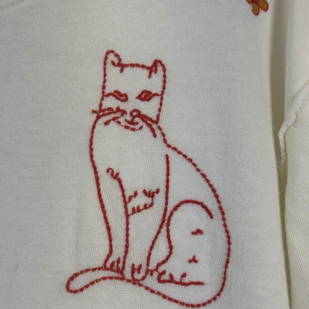 Anthropologie Cream Short Sleeve Tee with Red Cat Embroideries - Picture 7 of 14